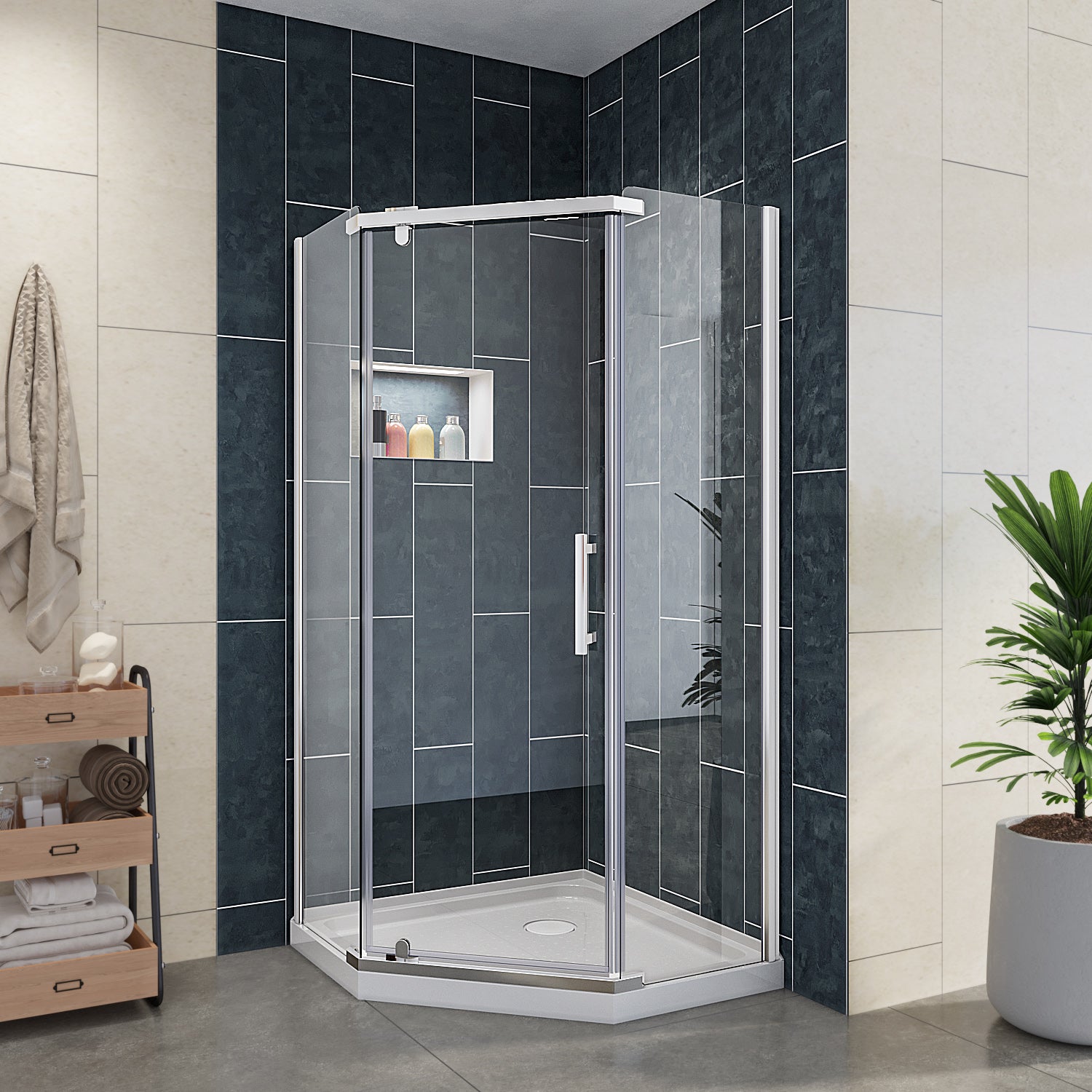 SUNNY SHOWER 36.7 in. W x 36.7 in. D x 71.8 in. H Chrome Finish Pivot Enclosures With Pivot Door And White Diamond Bases
