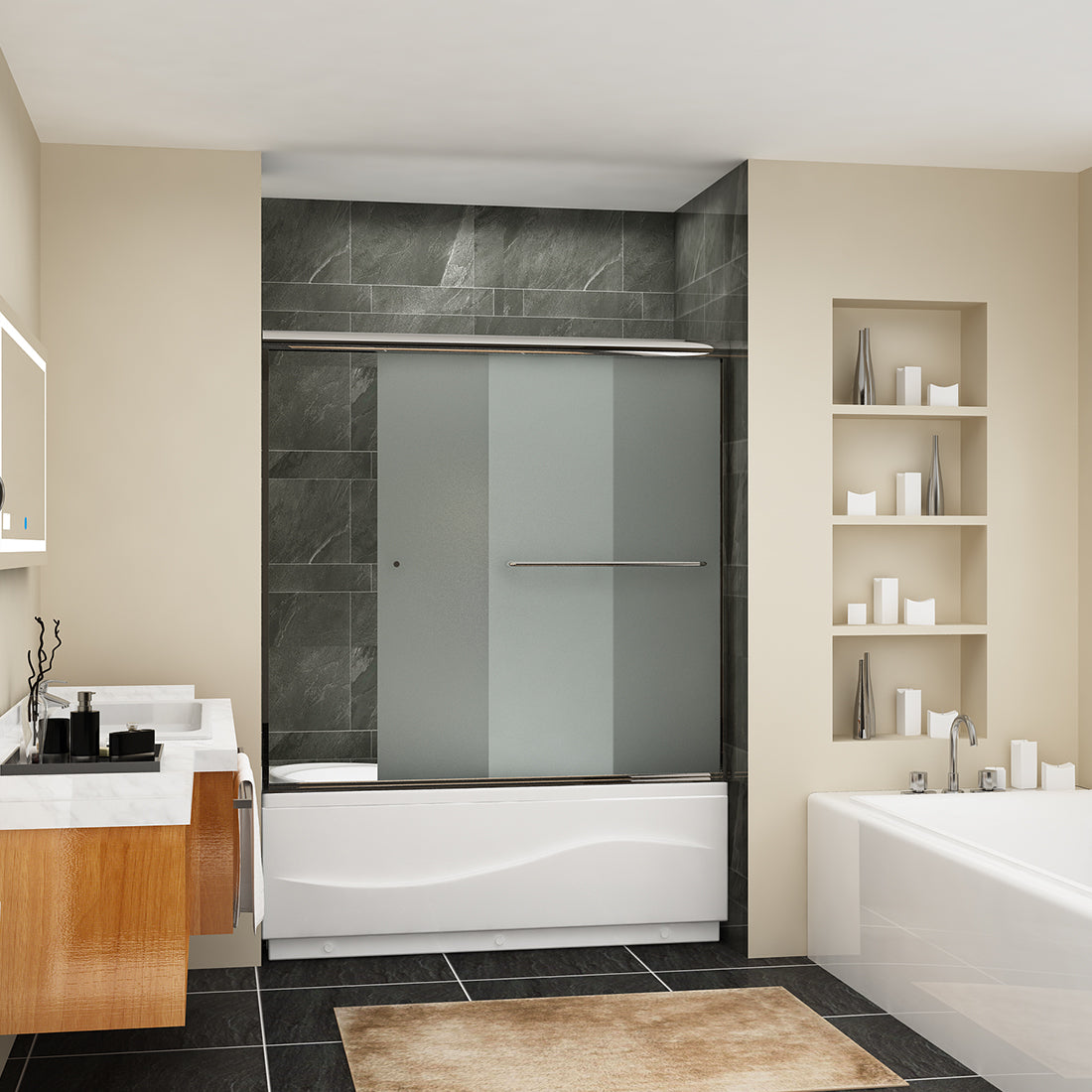 SUNNY SHOWER 60 in. W x 57.4 in. H Frosted Chrome Finish Bathtub Double Sliding Doors