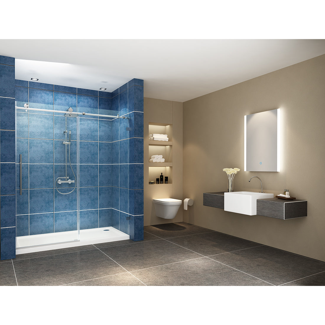 SUNNY SHOWER LED Bathroom Vanity Mirror w/ Touch Button vertically/ Horizontally, Touch Adjustable Brightness, Warm White - SUNNY SHOWER