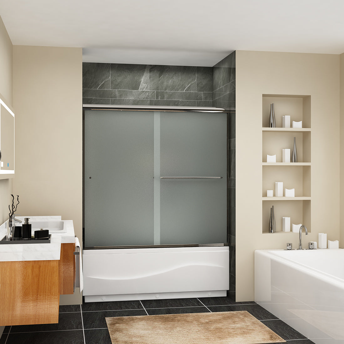 SUNNY SHOWER 60 in. W x 57.4 in. H Frosted Chrome Finish Bathtub Double Sliding Doors