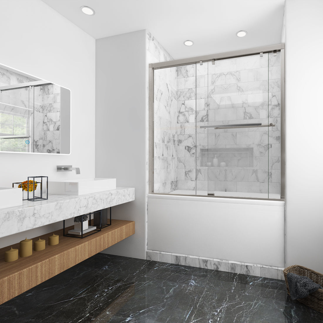 SUNNY SHOWER 60 in. W x 62 in. H Brushed Nickel Finish Bathtub Sliding Doors