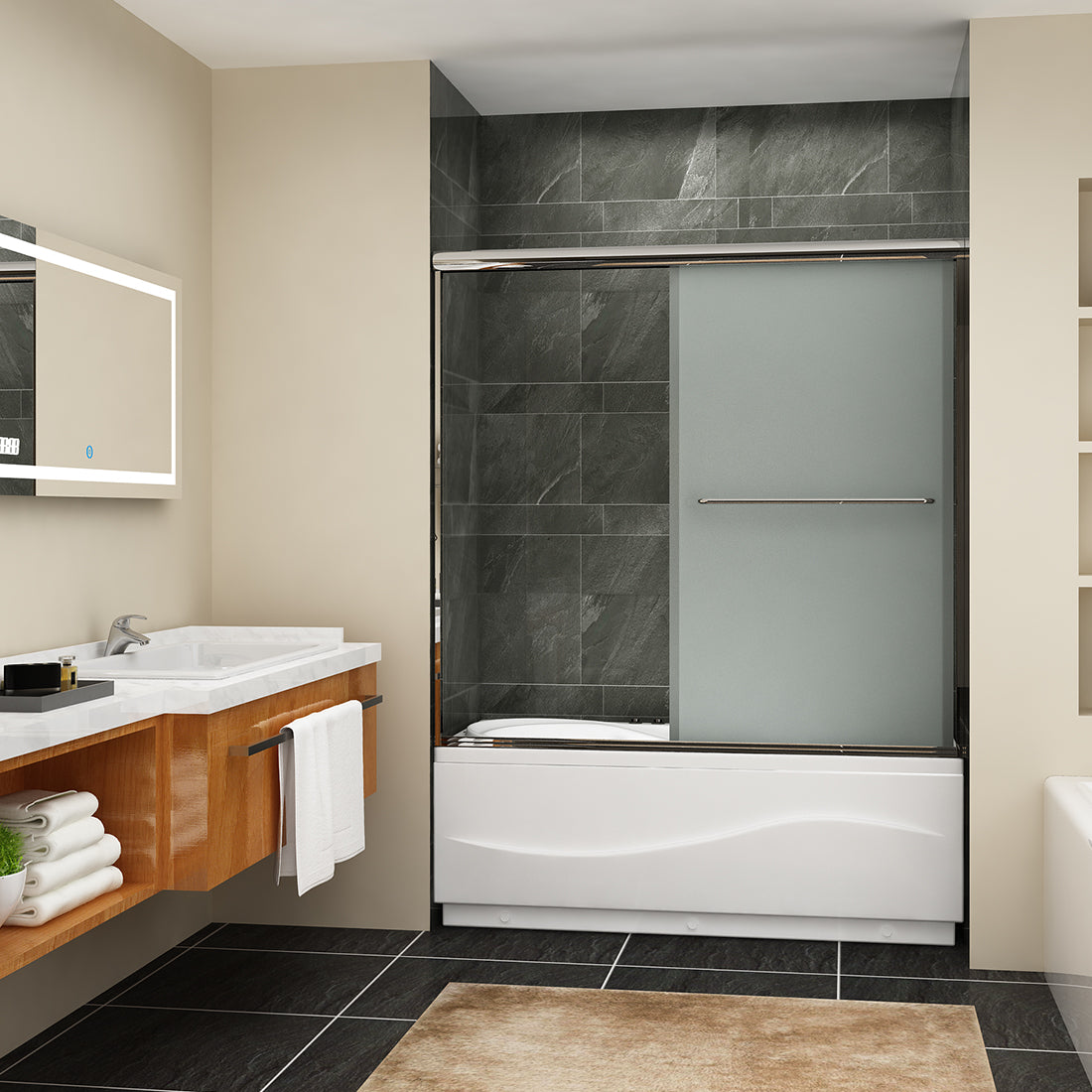 SUNNY SHOWER 60 in. W x 57.4 in. H Frosted Chrome Finish Bathtub Double Sliding Doors
