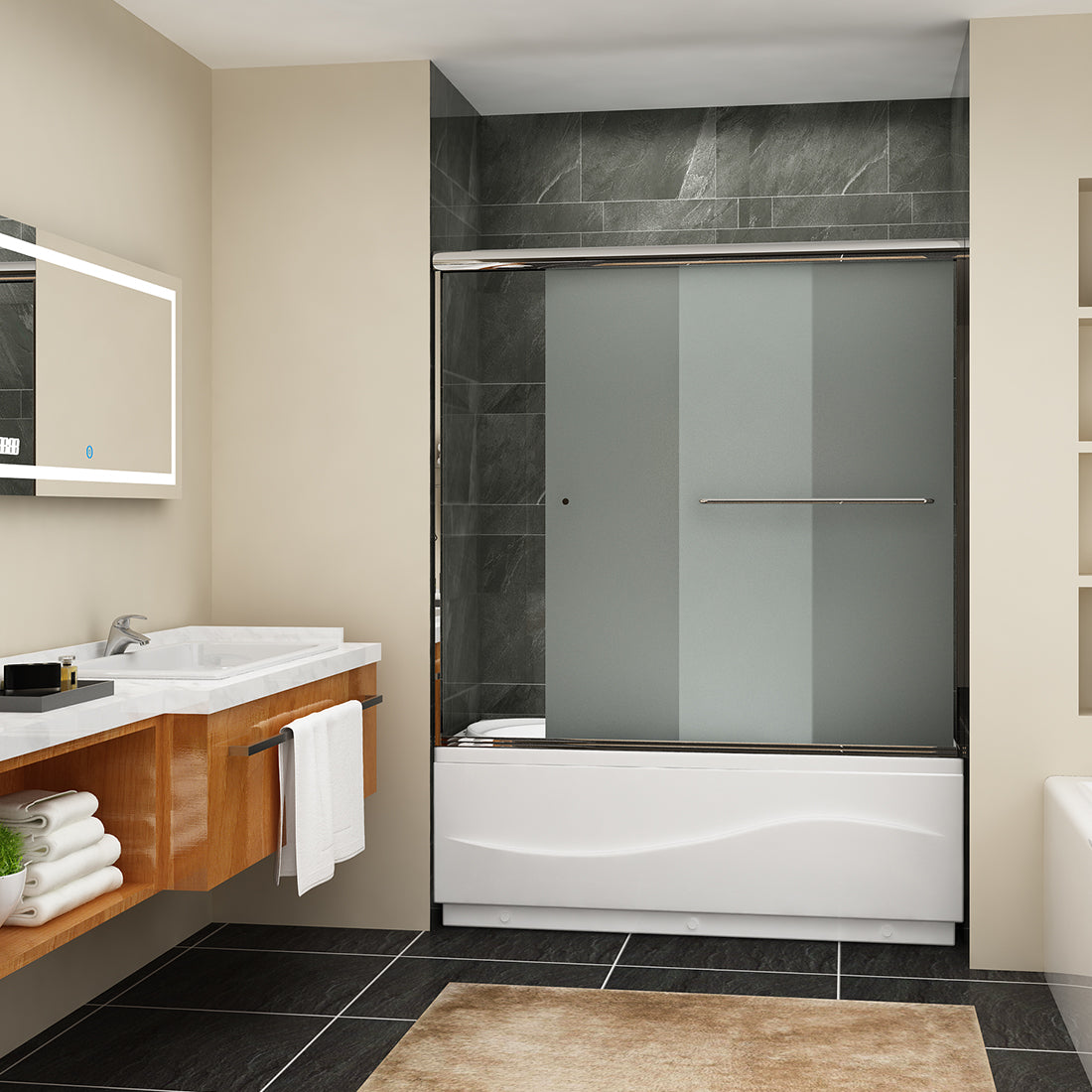 SUNNY SHOWER 60 in. W x 57.4 in. H Frosted Chrome Finish Bathtub Double Sliding Doors