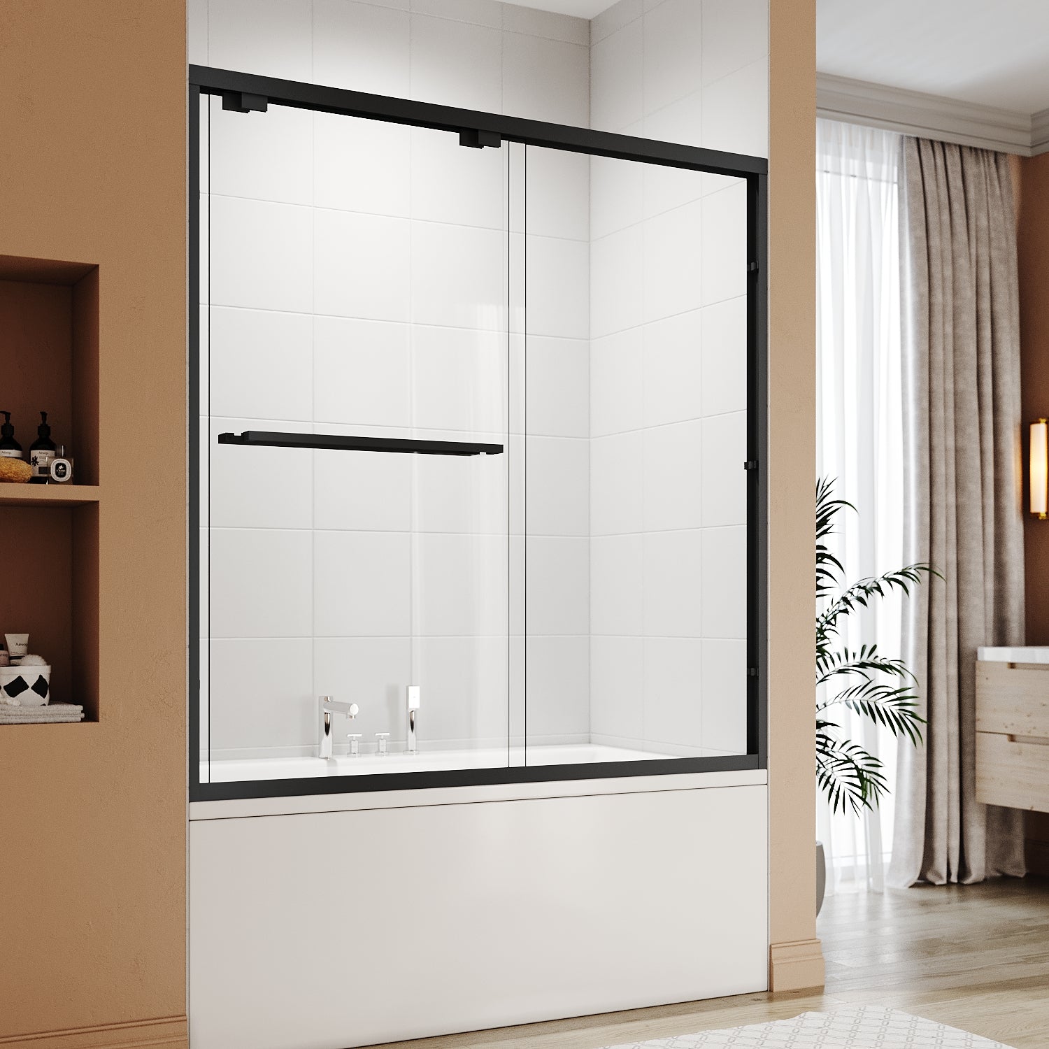 SUNNY SHOWER Bathtub Double Sliding Doors 60 in. W x 62 in. H Black Finish