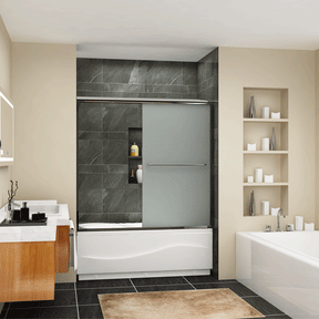 SUNNY SHOWER 60 in. W x 57.4 in. H Frosted Chrome Finish Bathtub Double Sliding Doors Gif