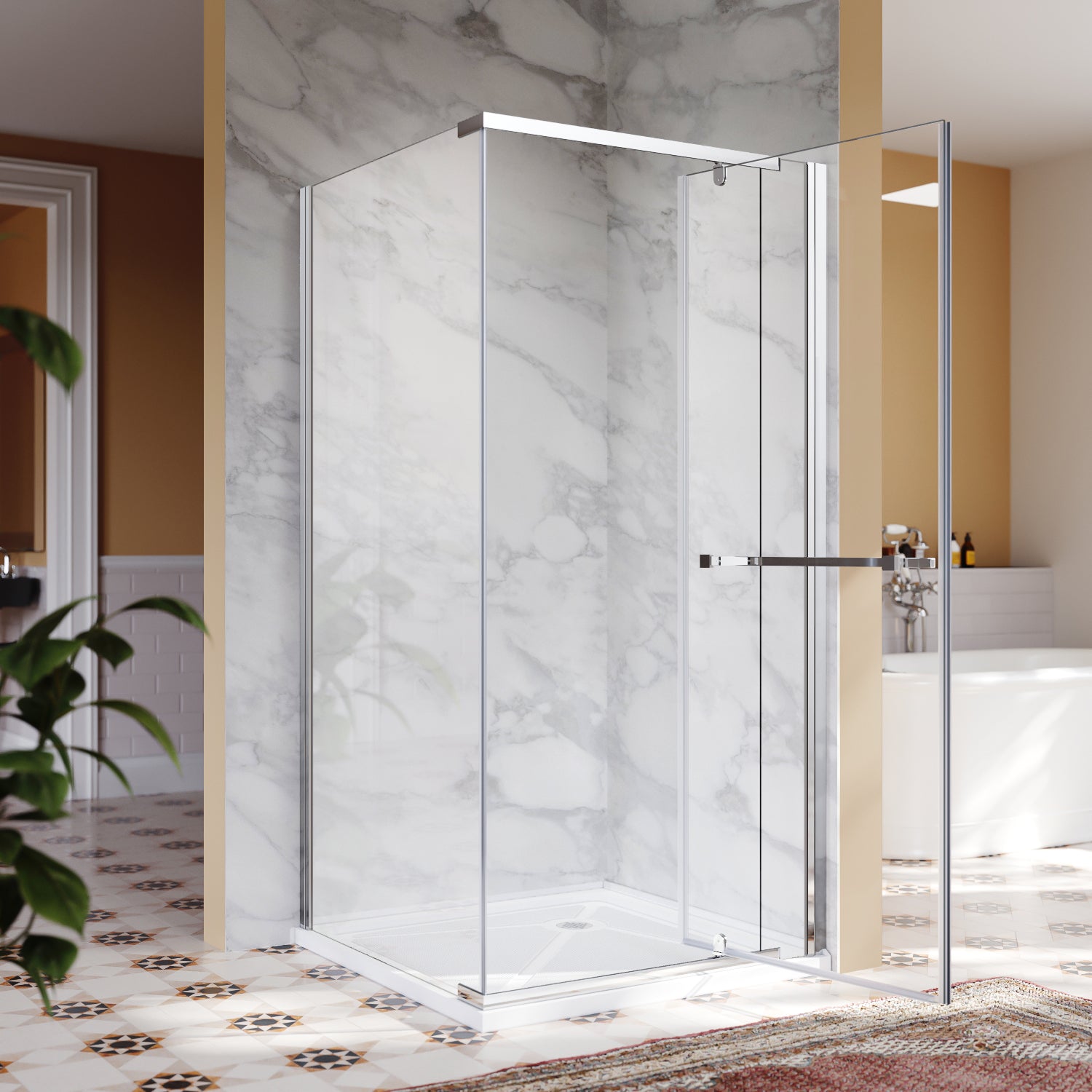 SUNNY SHOWER 36 X 72 Frameless Pivot Shower Door in Chrome Easy Clean with Base - SUNNY SHOWER