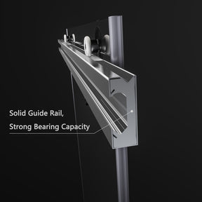 The unique thicken square top rail support gives the frameless shower door a strong load-bearing capacity, stable structure, and high safety. Solid anti-jumping rollers glide smoothly along the rail, allowing for effortless sliding.