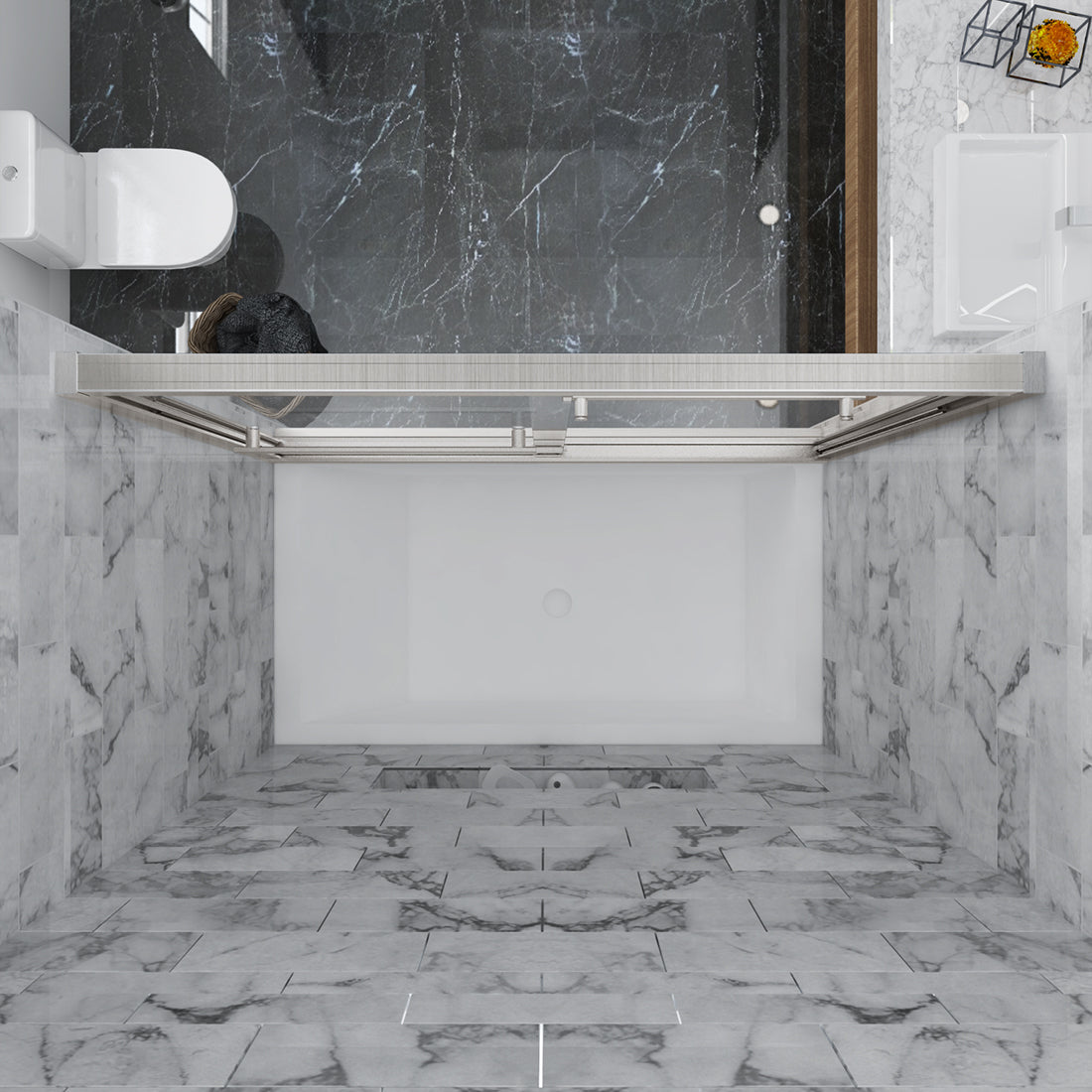 SUNNY SHOWER 60 in. W x 62 in. H Brushed Nickel Finish Bathtub Sliding Doors Overhead View